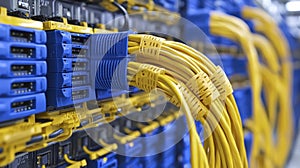 Yellow and Blue Network Cables in Server Rack