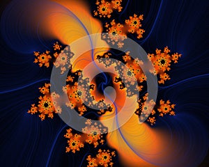 Yellow blue orange bright shapes, baroque fantasy fractal, abstract flowery spiral shapes, background