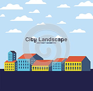 Yellow blue and orange city buildings landscape with clouds design