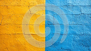 A yellow and blue painted wall with a red fire hydrant, AI