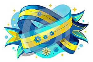 Yellow and blue pattern with intersecting ribbon. The pattern contains flowers