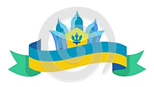 A yellow-blue pattern with a trident, the coat of arms of Ukraine is placed behind a yellow-blue Ribbon for placing text