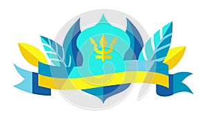 Yellow-blue pattern with a trident, the coat of arms of Ukraine and plant leaves. Yellow-blue Ribbon for placing text