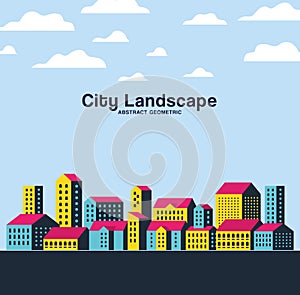 Yellow blue and pink city buildings landscape with clouds design