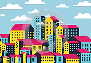 Yellow blue and pink city buildings landscape with clouds design