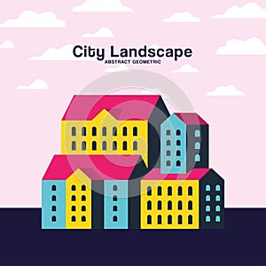 Yellow blue and pink city buildings landscape with clouds design