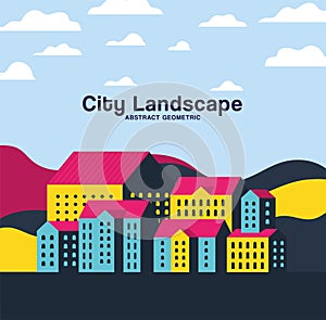 Yellow blue and pink city buildings landscape with clouds design