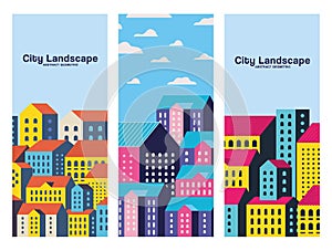 Yellow blue and pink city buildings landscape with clouds frames design