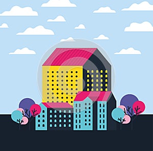 Yellow blue and pink city buildings landscape with clouds and trees design