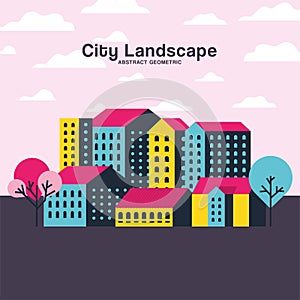 Yellow blue and pink city buildings landscape with clouds and trees design