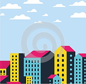 Yellow blue and pink city buildings landscape with clouds vector design