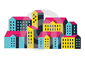 Yellow blue and pink city buildings vector design