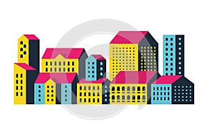 Yellow blue and pink city buildings vector design