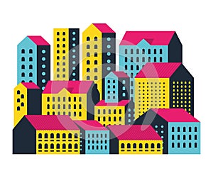 Yellow blue and pink city buildings vector design