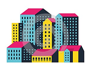 Yellow blue and pink city buildings vector design