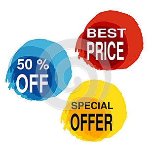 Yellow, blue and red blot with business text. Button with 50 off, best price, special offer.