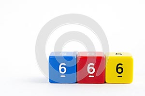 Yellow, blue and red dices for rpg, dnd or board games on white background. Number 6