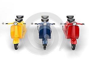 Yellow, blue and red mopeds