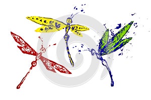 Yellow blue red paint made dragonfly set