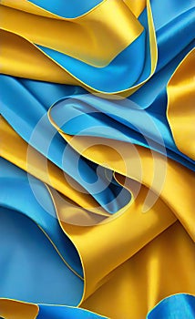 Yellow and blue silk fabric background. Close up of ripples in golden silk fabric. A gold and blue silk texture.