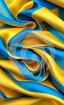 Yellow and blue silk fabric background. Close up of ripples in golden silk fabric. A gold and blue silk texture.