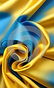 Yellow and blue silk fabric background. Close up of ripples in golden silk fabric. A gold and blue silk texture.