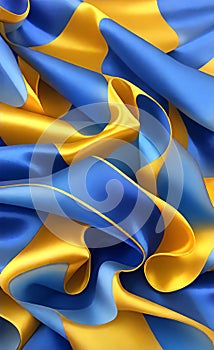 Yellow and blue silk fabric background. Close up of ripples in golden silk fabric. A gold and blue silk texture.