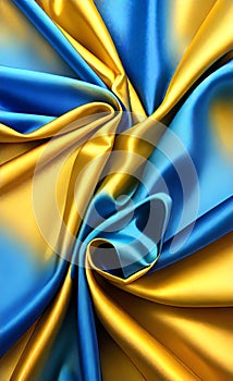 Yellow and blue silk fabric background. Close up of ripples in golden silk fabric. A gold and blue silk texture.