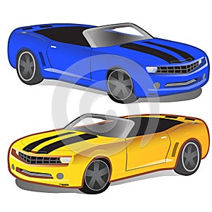 Yellow and blue sport car without top. Classic vintage sportcar. Two retro automobile isolated. Vector