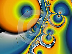 Yellow blue swirls fantasy galaxy fractal, lights, abstract background, graphics