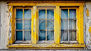 A yellow and blue window on a white building