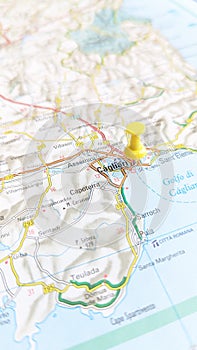 A yellow board pin stuck in Cagliari Sardinia Italy