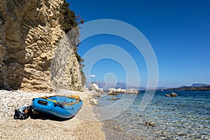 Yellow boat on Ionian sea, Lefkada island, Greece