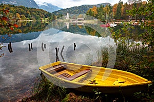 Yellow boat on Lake Bohinj