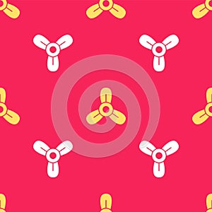 Yellow Boat propeller, turbine icon isolated seamless pattern on red background. Vector