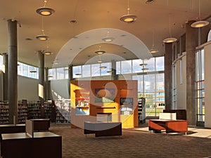 Yellow book display in an empty public library during COVID-19 pandemic