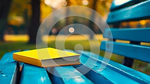 A yellow book sitting on top of a blue bench