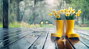 Yellow boots hold daffodils in the rain