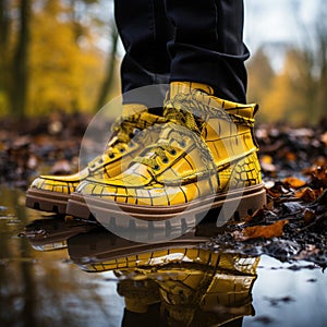 yellow boots made of lacquered eco-leather imitating the skin of a crocodile