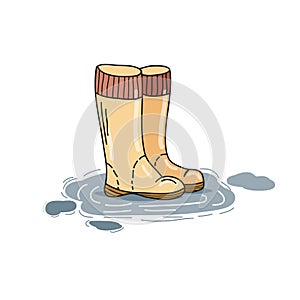 Yellow boots in a puddle. Vector Illustration by hand in the style of doodle. Illustration for children