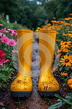 Yellow boots are standing in the summer garden after the rain