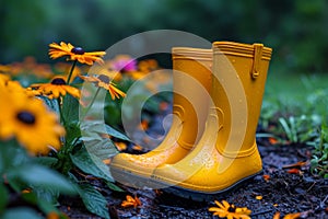 Yellow boots are standing in the summer garden after the rain