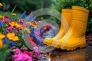 Yellow boots are standing in the summer garden after the rain