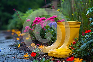 Yellow boots are standing in the summer garden after the rain