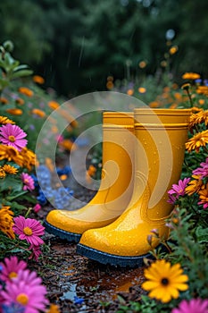 Yellow boots are standing in the summer garden after the rain