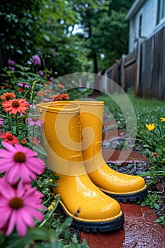 Yellow boots are standing in the summer garden after the rain