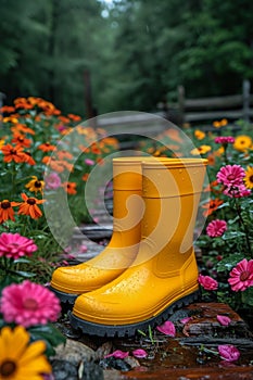 Yellow boots are standing in the summer garden after the rain