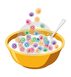 Yellow bowl with cereals in milk, vector