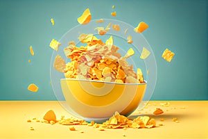 Yellow bowl with flying cornflakes on blue background. Generative AI