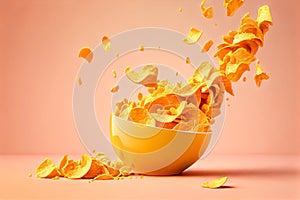 Yellow bowl with flying cornflakes on blue background. Generative AI